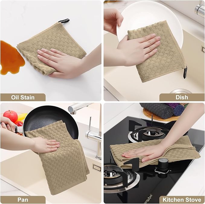 Homaxy 100% Cotton Kitchen Towels and Dishcloths Set, 12 x 12 & 15 x 25 Inches, Set of 8 Bulk Terry Cloth Dish Towels, Super Soft and Absorbent Hand Towel with Hanging Loop, Tan
