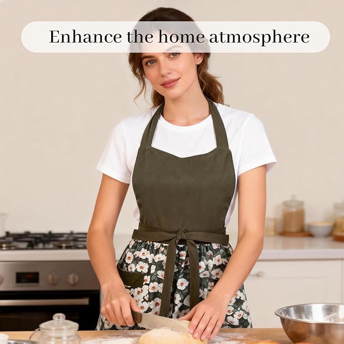 Cute Floral Aprons for Women with Pockets,Cotton Adjustable Neck Strap Apron for Kitchen Cooking Baking Gardening