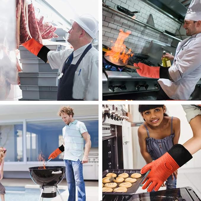 Comsmart BBQ Gloves, Heat Resistant Silicone Grilling Gloves, Long Waterproof BBQ Kitchen Oven Mitts with Inner Cotton Layer for Barbecue, Cooking, Baking, Smoker(Orange)