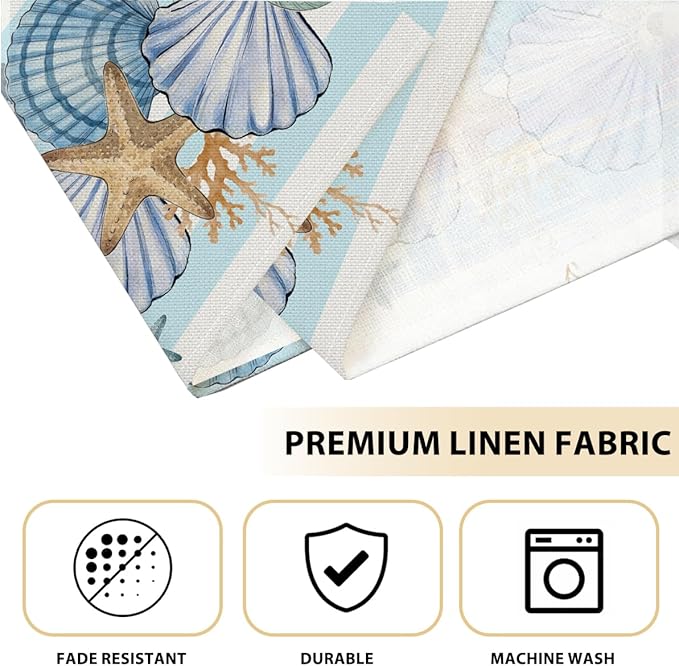 Sea Shell Starfish Beach Placemats Set of 4, 12x18 Inch Seasonal Spring Ocean Coastal Washable Linen Nautical Table Mats for Indoor Outdoor Party Kitchen Dining Decoration, wipeable placemats