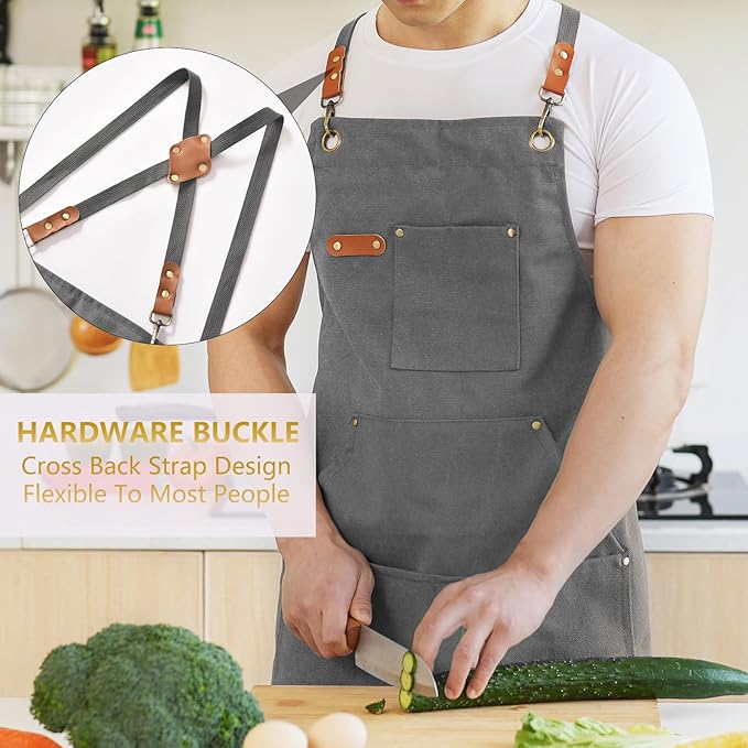 Aoomzoon Canvas Aprons for Men Chef Apron, Work Apron with Large Pockets - 16oz Heavy Duty Cross Back, BBQ, Cooking