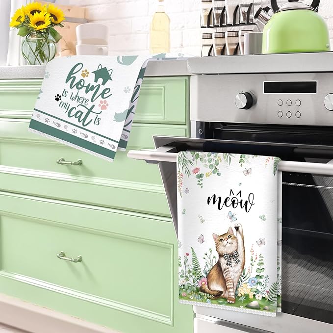 Cute Cat Spring Summer Microfiber Kitchen Towels, Soft Absorbent Hand Towel 15.7 × 23.6 Inch, Thick Dish Cloth for Party Anniversary Holiday Decoration, Housewarming Gifts for Mom