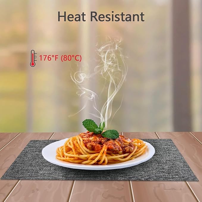 DACHUI Placemats Set of 4, Linen Look Woven Place Mats, Water Resistant, Heat Resistant, Washable, Durable Table Mats (Dark Grey)