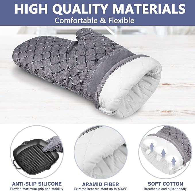 6 Pcs Oven Mitts and Pot Holders, 500℉ Heat Resistant Oven Mitts with Kitchen Towels Soft Cotton Lining and Non-Slip Silicone Surface Safe for Baking, Cooking, BBQ (Grey)