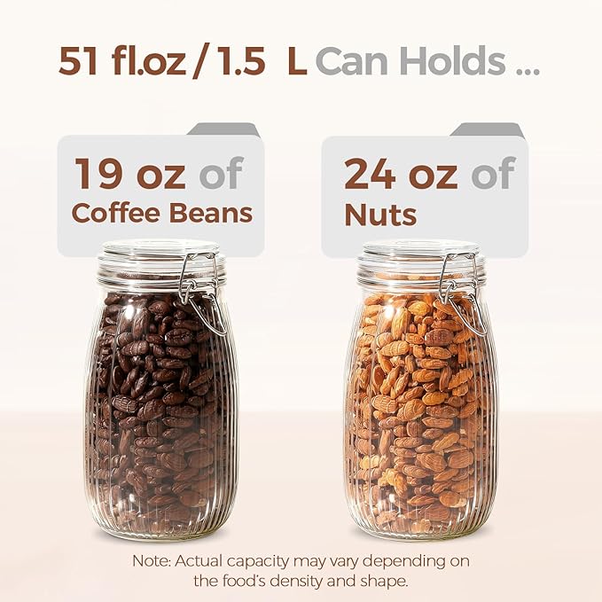 ComSaf 3pcs 50oz Ribbed Glass Jars with Airtight Clamp Lids, Large Vintage Canisters for Flour, Sugar Storage & Fermenting, Wide Mouth for Pantry Organization & Countertop Decor