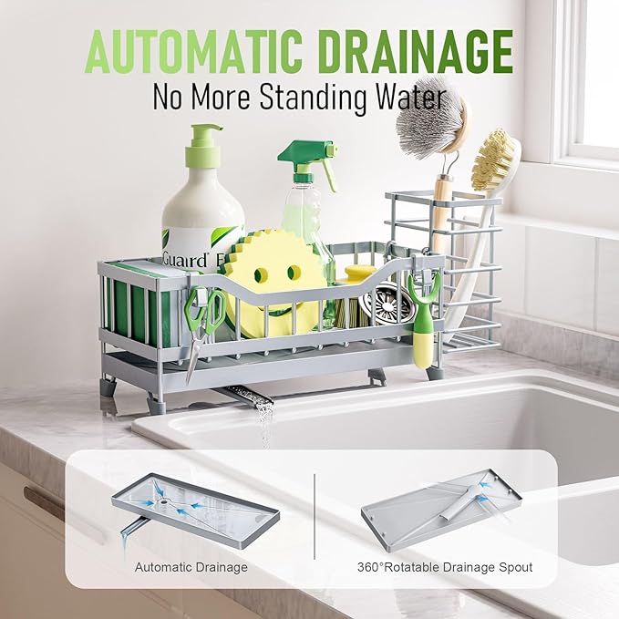 Sponge Holder for Kitchen Sink, Kitchen Sink Caddy with Long-Handled Dish Brushes Holder, 304 Rustproof Stainless Steel Countertop Organizers and Storage, Home Kitchen Sink Accessories(Silver)
