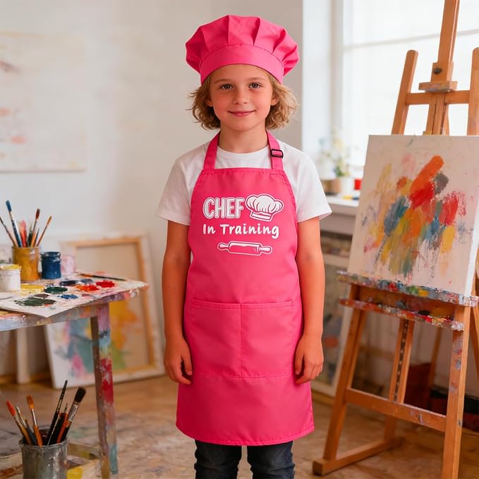 Kids Apron and Chef Hat Set Adjustable Child Aprons with 2 Large Pockets for Girls Boys Cooking Baking Painting Gift