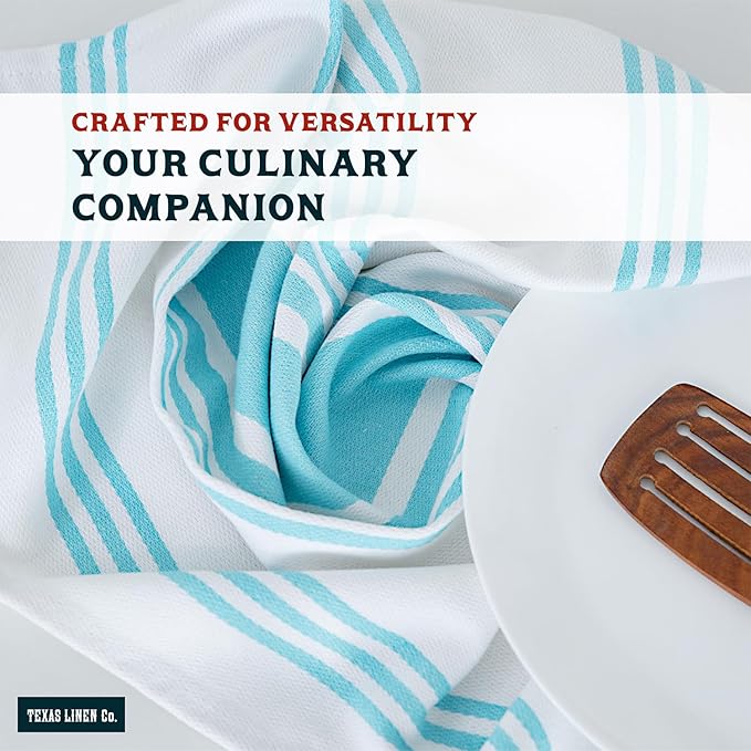 TEXAS LINEN CO. American Stripe Kitchen Towels 100% Cotton Pack of 6, Highly Absorbent Quick Drying, Soft Dish Towels 20x30 Inch for Kitchen with Hanging Loop, Hand & Tea Towel - Aqua & White Striped