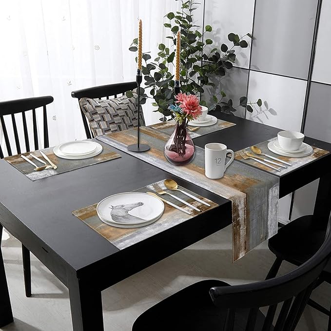Emvency Brown Abstract Painting Black Grey Table Runner and Placemats Set of 6,White Black Grey Modern Art Dining Decor for Daily Use(1 Table Runner 72 inches Long and 6 Placemats)