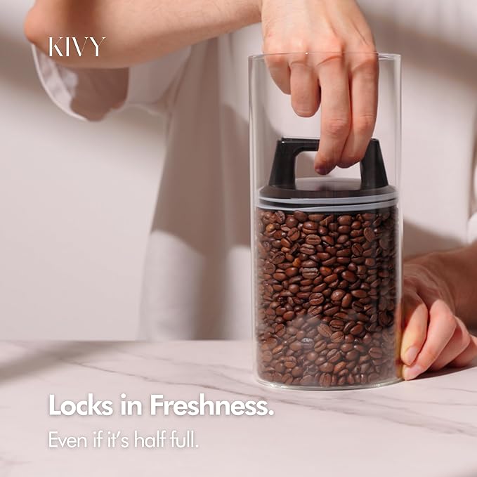 KIVY Vacuum Coffee Canister - Push Lid Preserves Aroma & Oil - Stainless Steel Airtight Container for Ground & Bean Storage - Removes Excess Air