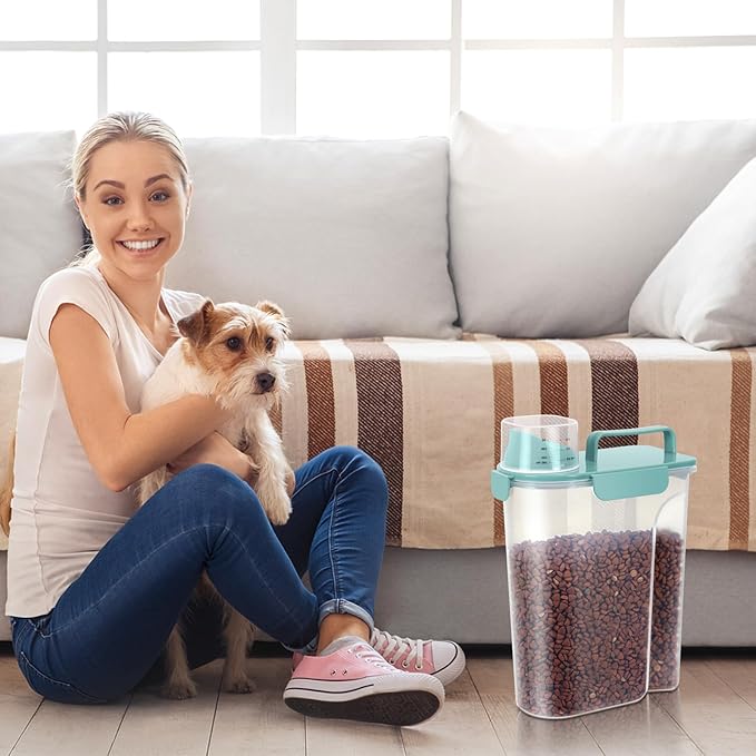 LEAWALK 5-7Lbs Dog Cat Food Storage Container with Upgraded Large Nozzle BPA-free, 4 Snap Seals Plastic Pet Food Storage Containers with Handles (Elegant Blue, 5L-1pack)