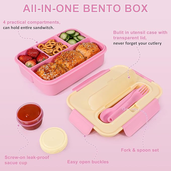 Caperci 50oz Larger Bento Box for Kids - Reinforced Leakproof Lunch Box Containers for Kids, Built-in Sauce Cup, Utensils, 4 Compartments, BPA-Free Microwave & Dishwasher Safe (Yellow/Pink)