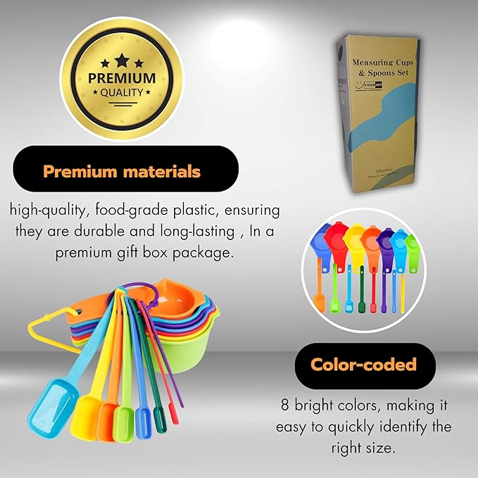 15 Pieces Colorful Plastic Measuring Cups and Spoons Set for Accurate Dry & Liquid Ingredients Measurements, Ideal Kitchen Set for Baking & Cooking – Premium, Durable, Easy-to-Use Set