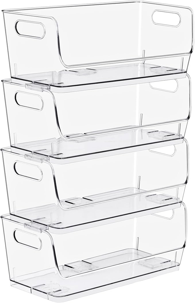 Sorbus Stackable Storage Bins Open Front, Clear Stackable Storage Bins, Pantry Bins for Storage and Organization, Acrylic Stackable Bins for Kitchen, Clear Pantry Organizer Bins (Small Wide 4 Pack)