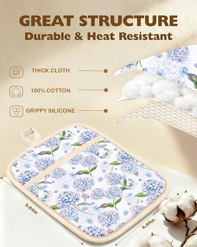 Slohif Silcone Flower Pot Holders for Kitchen - 100% Cotton Beige Blue Cute Oven Potholders with Pockets, Heat Resistant Square Thick Hot Pads, House New Home Baking Baker Gifts,2pack