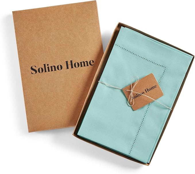 Solino Home Cotton Linen Napkins Set of 4 - Hemstitch Pastel Turquoise Dinner Napkins Cloth 20 x 20 Inch for Spring, Summer, Mothers Day - Handcrafted and Machine Washable