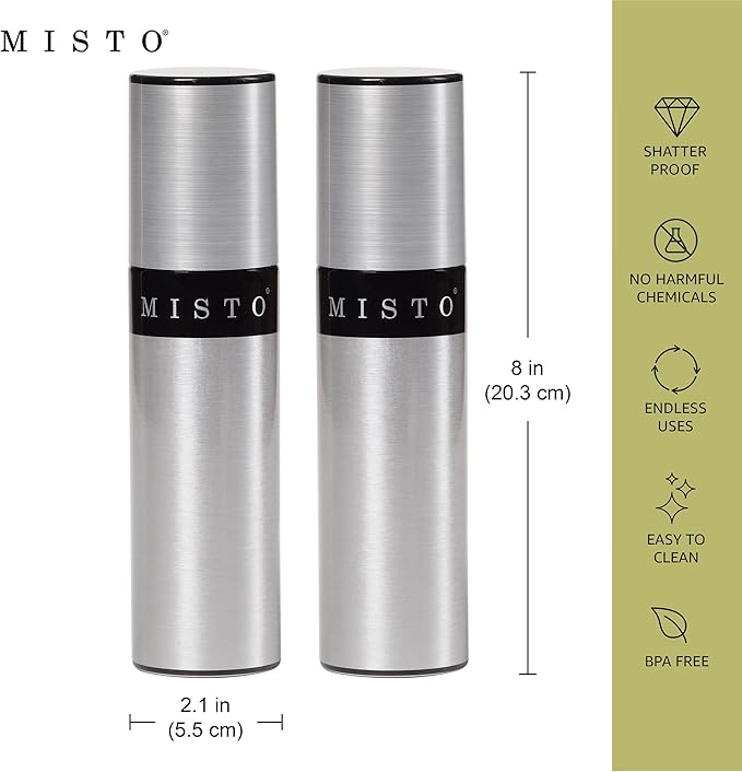 Misto Aluminum Oil Sprayer, Set of 2, Versatile Refillable Aerosol Sprayers for Olive Oil, Vinegar, Lemon Juice, Dressings, and More, Ideal for Cooking, BBQ, and Air Fryers