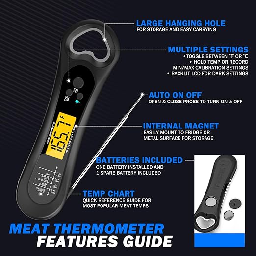 Meat Thermometer Digital, Instant Read Meat Thermometer for Grill and Cooking, with Bottle Opener, Backlight & Calibration Food Thermometer, Kitchen Gadgets for BBQ, Turkey, Candy, Liquids