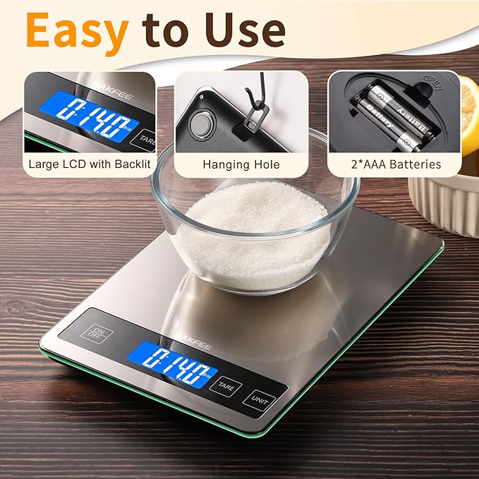 Food Scale, 15kg/33lb Digital Kitchen Scale with Stainless Steel & Tempered Glass, 1g/0.05oz Precise Weighing, Splash-Resistant and Sturdy Surface, for Cooking, Baking, Weight Loss, Meal Prep