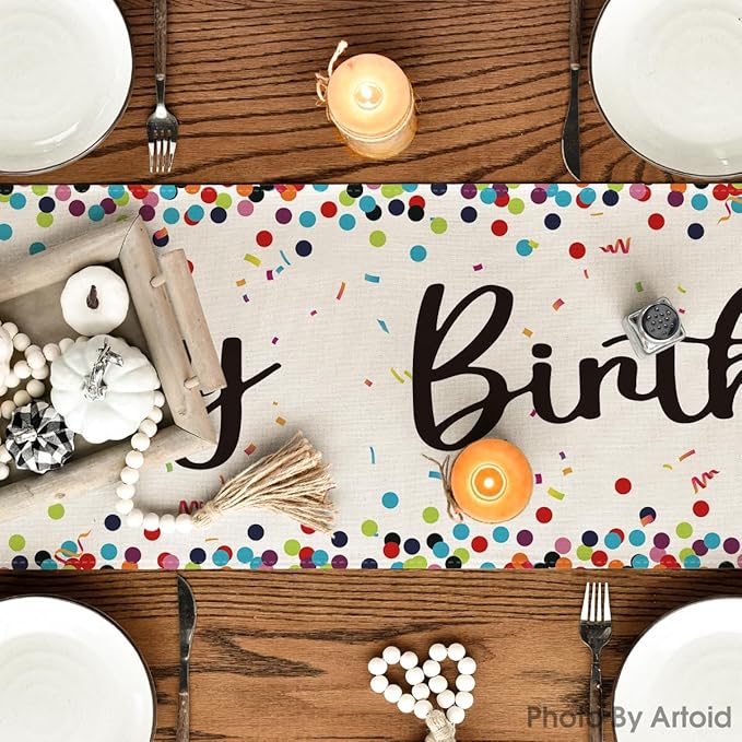 Artoid Mode Polka Dot Beige Happy Birthday Table Runner, Seasonal Kitchen Dining Table Decoration for Home Party Decor 13x36 Inch