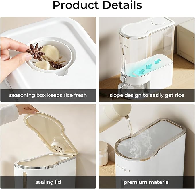 Rice Dispenser, Rice Storage Container with Measuring Cup for Kitchen Pantry Household, Cereal Dry Food Storage Containers Airtight, Sealed Moisture Proof (White 22 Lbs)