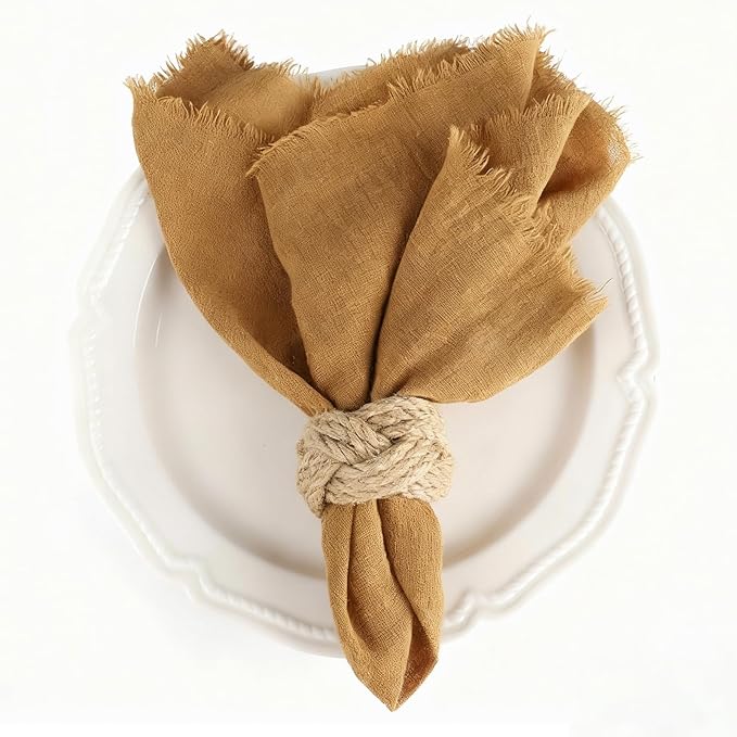 Cotton Blend Fringe Cloth Napkins - Crinkle Gauze Dinner Napkins, Reusable & Washable Table Napkins, 17" x 17" (43 x 43 cm), Multiple Colors, 12/24/48/100 Pack (12, Yellow)