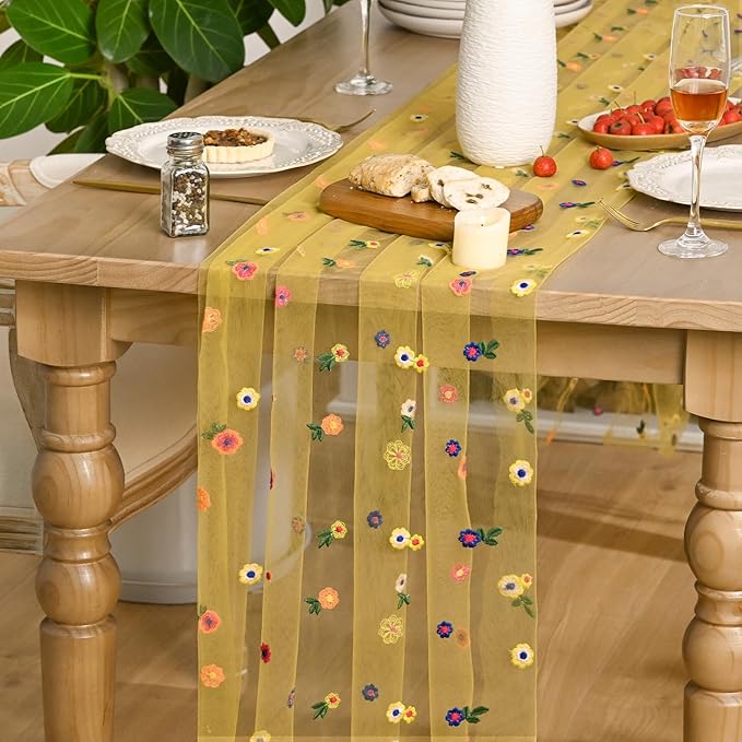 Artoid Mode Yellow Wildflower Floral Gauze Embroidery Table Runner 120 Inch 10FT, Tulle Seasonal Spring Kitchen Dining Table Decor for Home Party