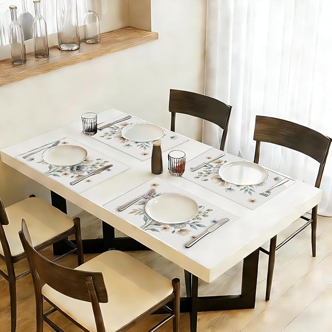 Neutral Poppy Floral Spring Placemats Set of 4, Wipeable Washable Non-Slip Heat Resistant Linen Fabric Rectangle Table Mats, Boho Minimalist Decor for Indoor Outdoor Party Kitchen Dining