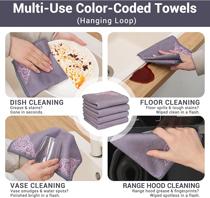 YUA Microfiber Cleaning Cloth 12 Pack,Microfiber Towels Cleaning,Microfiber Towels for Cars,Absorbent Dish Washing Cloth,Reusable Cleaning Cloths Lint Free (Gray Corner Flower)