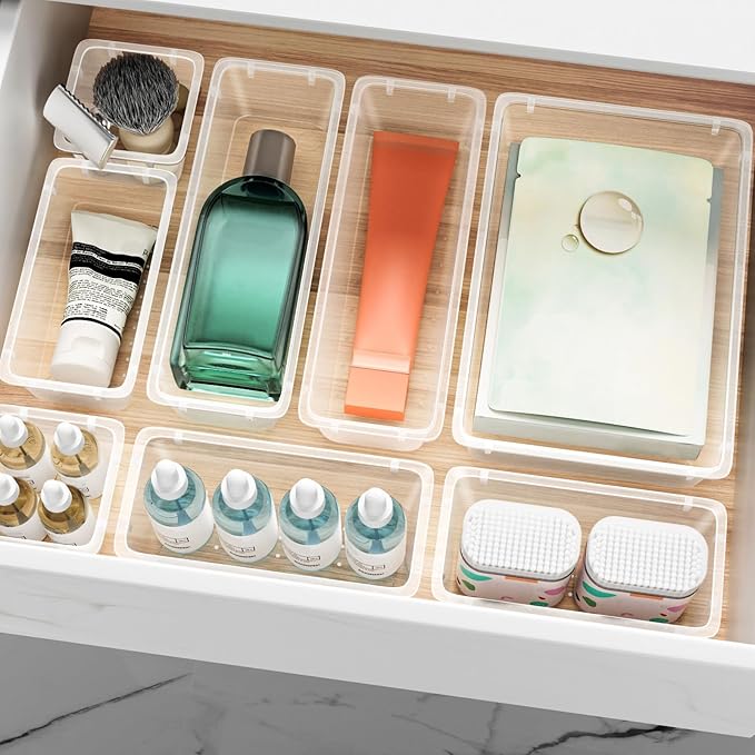 ElegantArray 12 PCS Drawer Organizer Set, 4 Sizes Tool Storage Trays, Clear Plastic Makeup Vanity Organizer and Storage Bins for Makeup, Stationeries, Multiple Gadgets for Bathroom, Office, Bedroom