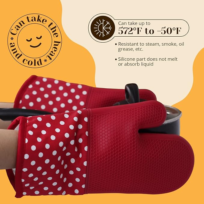 Amruta Pair of Silicone Shell Oven Mitts, 2 Pieces Heavy Duty Baking Kitchen Mitts for BBQ Microwave Stove, Heat-Resistant up to 500F, Oven Glove with Silicone Textured Grip (13 x 7.5 in, Red)