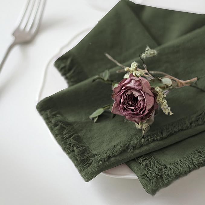 Handmade Cloth Napkins 100% Cotton Napkins with Fringe，Delicate Handmade Cloth Napkins for Dinners, Parties, Weddings and More，18 x 18 Inch Set of 12 - Olive Green