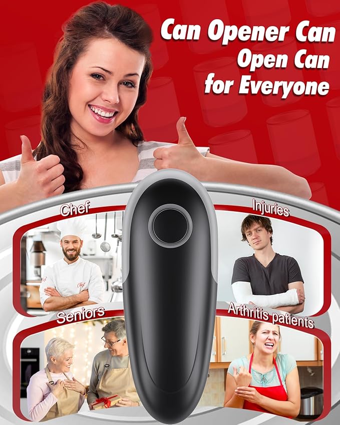 One Touch Electric Can Opener Fits All Can Sizes, Electric Can Openers for Kitchen Food Safe with Smooth Edge, Kitchen Gadgets Battery Operated Can Openers for Seniors, Arthritis and Chef Black+Grey