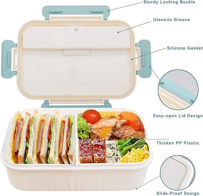 Bento Box Adult Lunch Box, Lunch Containers for Kids Children with 3 Compartments, 1800 ML Bento Lunch Box with Spoon & Fork, Microwave & Dishwasher Safe, BPA-Free and Food-Safe Materials(Blue)