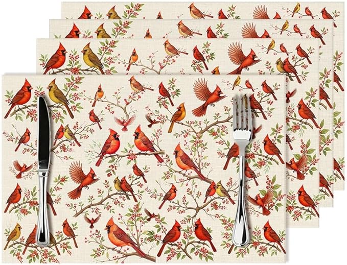 Red Cardinal Linen Placemats Set of 4, Washable Non-Slip Heat-Resistant Bird Berry Printed Table Mats for Kitchen Dining Table, Gift for Bird Lovers, Nature & Christmas Enthusiasts, Kitchen Home Decor