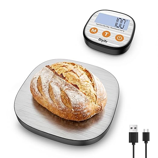 Rechargeable Kitchen Food Scale, Diyife 33lb Wireless Digital Kitchen Scale with Remote Display, 7 Units with Backlit LCD, Magnetic Stand USB Included, for Baking, Cooking, Postage (Round, Silver)
