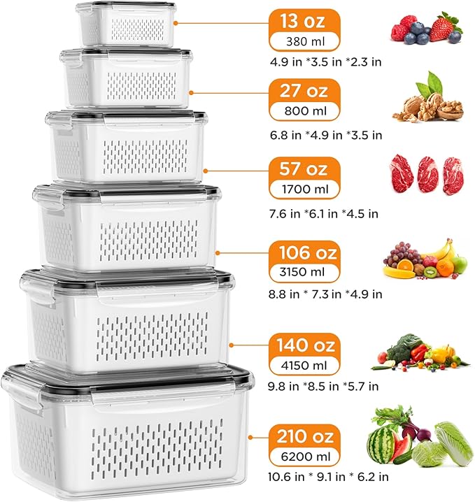6 PCS Fruit Storage Containers for Fridge with 6 Removable Colanders, BPA Free Food Storage Containers, Dishwasher & Microwave Safe Produce Containers Keep Fruits, Vegetables, Berry, Meat Fresh Longer