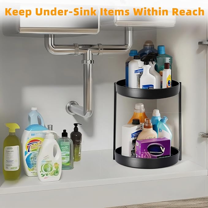 2 Tier Metal Lazy Susan Organizer, 12 Inch Rotating Turntable Double Lazy Susans for Cabinet Kitchen Bathroom, Anti-Rust Two Tiered Spinner Tray Carousel Organizer for Spice Rack Countertop Black
