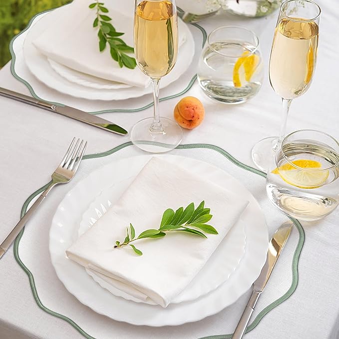 Set of 6 Scallop Linen Placemats, 15 Inch Light Green and White Round Placemats Cotton Linen Table Mats Handcrafted Machine Washable Wrinkle Free Dining Placemat for Hotel Restaurant Kitchen