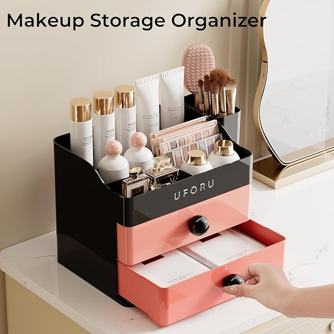 Makeup Organizer for Vanity with Brush Holder, Countertop Skincare Organizer with 2 Drawers, Spacious Cosmetic Display Case for Perfumes, Eyeshadow Palettes, Nail Polishes