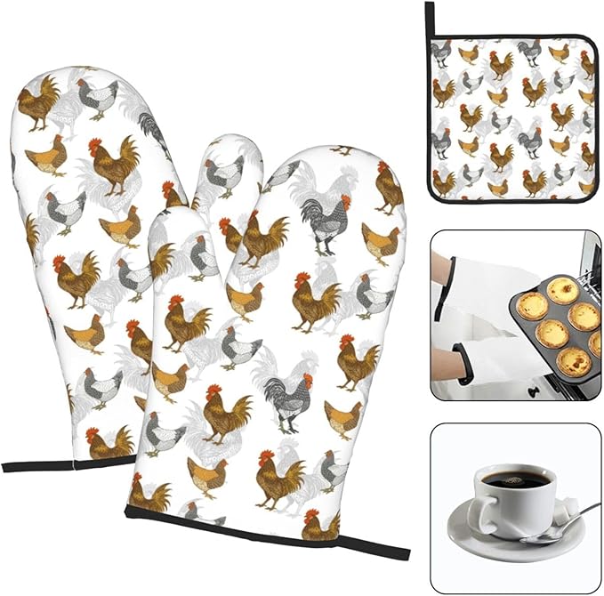 Roosters Chichen Oven Mitts Heat Resistant, Rustic Farmhouse Pot Holders and Oven Gloves Set for Kitchen Decor, Baking Gloves Hot Pads for Cooking Grilling BBQ Sets, Chicken Gifts for Women