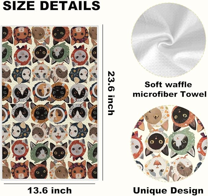 ZHAMEN 3Pcs Cat Kitchen Towels 24x14 Inch, Absorbent Vintage Dish Cloth Tea Towel, Waffle Weave Microfiber Hand Towels for Kitchen Home Bathroom Farmhouse Decor, Cat Gifts for Women Mom Friend Lovers