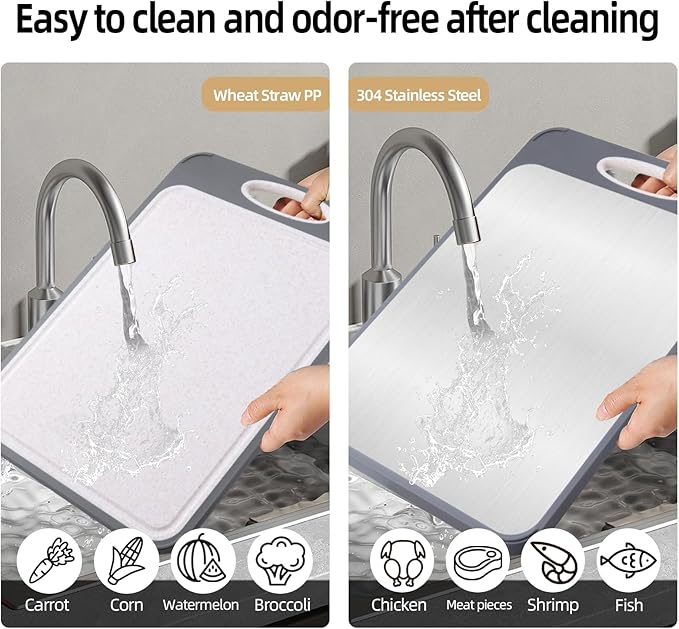 2 In 1 Cutting Boards Non Toxic for Gourmet Kitchen Aficionados - 304 Stainless Steel and Food Grade Wheat Straw Double Sided Design - Easy-Clean With Juice Groove (HQ-B002)