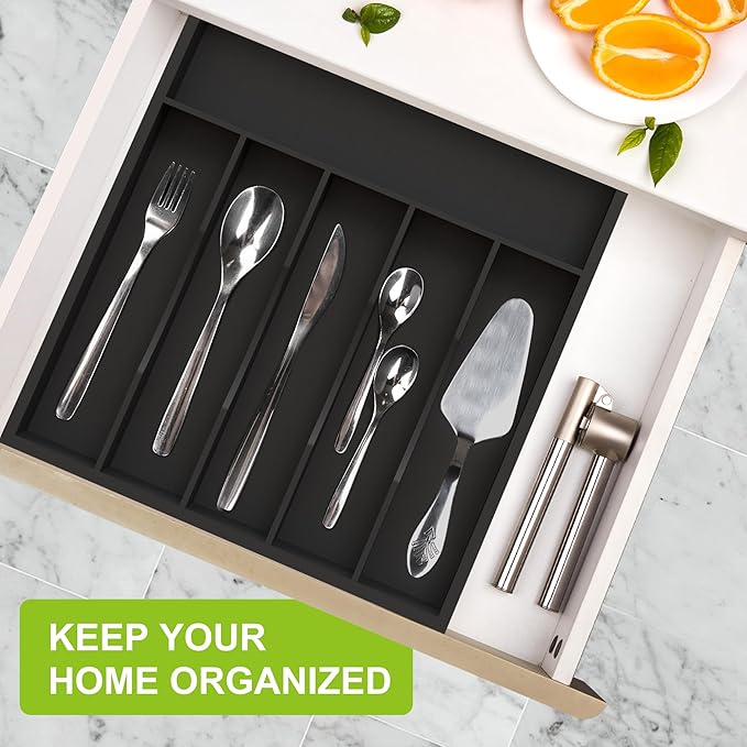 Unibambou Sliverware Organizer, Bamboo Kitchen Drawer Organizer, Flatware Organizer Tray Holder for Sliverware, Utensil & Cutlery (Black, 7 Slots)