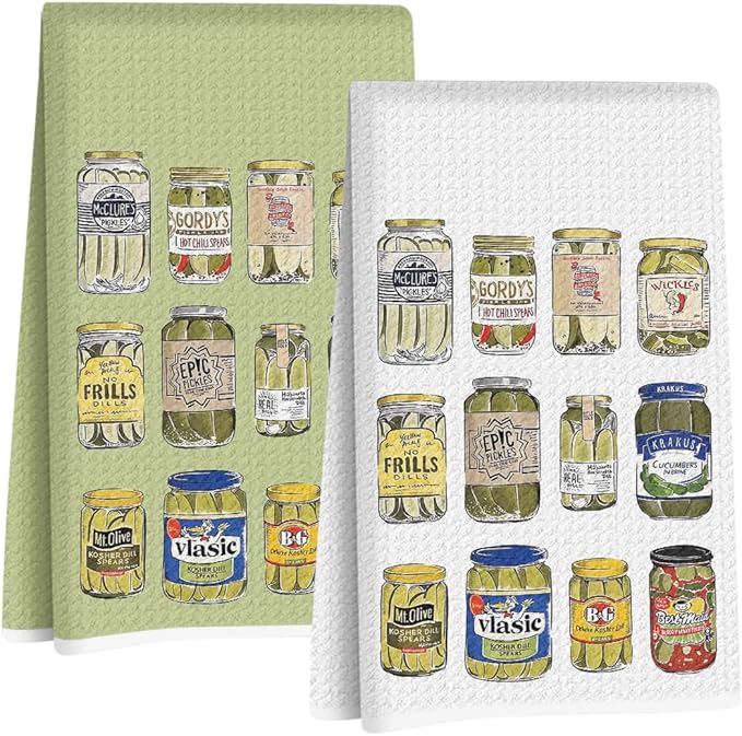 2Pcs Pickle Kitchen Towels, Pickle Lover Gifts Tea Towel Decorative Reusable Spring Dish Hand Towels Food Lover Gift for Cleaning Drying Women Mom Housewarming Gift 14 x 24 Inch Kitchen Home Decor