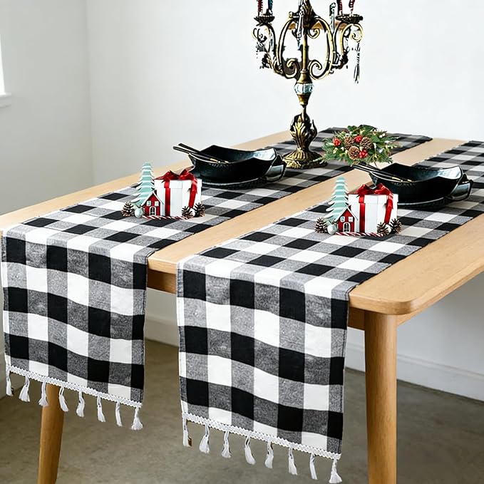 DUOBAO Black and White Checkered Table Runner 108 inches Long Halloween Tablecloth-Runners Buffalo Plaid Fabric with Tassels Gingham for Tables Outdoor Indoor Wedding Birthday Party (2pcs 14x108-Inch)