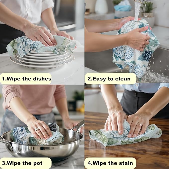 3 Pcs Blue Hydrangea Kitchen Towels, Watercolor Decorative Absorbent Microfiber Dish Cloth Tea Towel, Rustic Waffle Soft Hand Towels for Farmhouse Home Bathroom, Housewarming Gifts