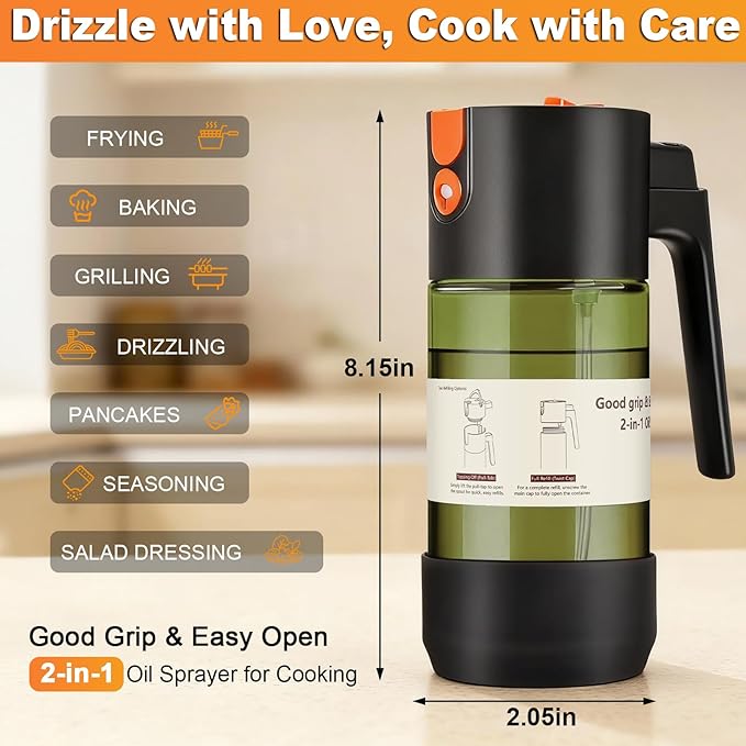 2-IN-1 Oil Sprayer for Cooking with 8 Stickers Light-Blocking Dark Glass Olive Oil Dispenser Bottle for Kitchen 500ml/16.9oz Oil Mister for Air Fryer, BBQ,Salad Even Spray with Portion Control