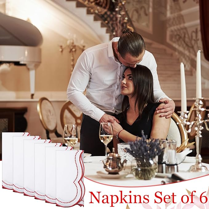 Hahafelt Cloth Napkins 18x18inches Scalloped Embroidery Cloth Napkins Washable Polyester Table Dinner for Hotel Restaurant Weddings Events Parties(Red,6 Set)