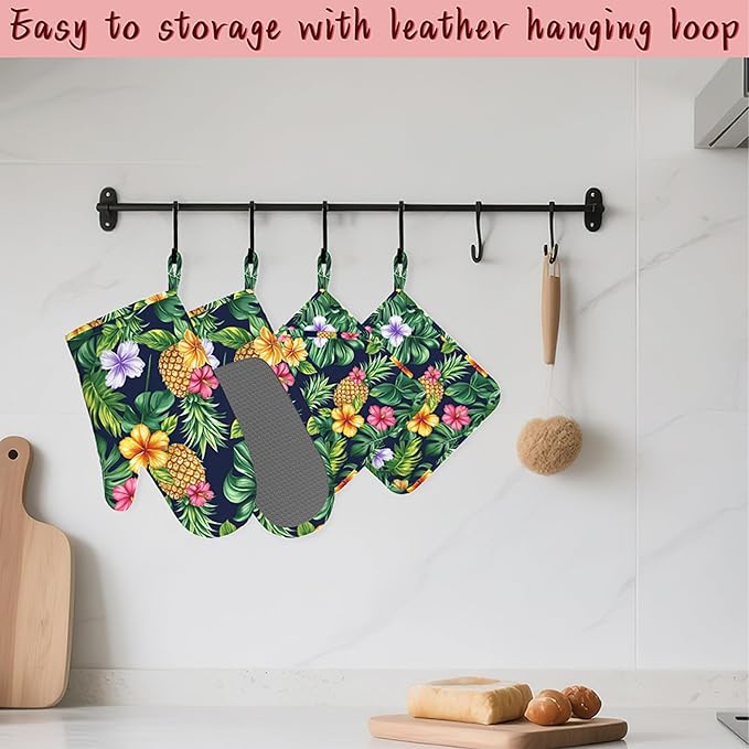 Pineapple Heat-Resistant Silicone Oven Mitts and Pot Holders,Hawaiian Tropical Palm Leave Flower Long Oven Gloves with Non-Slip Grip for Cooking, Baking, Grilling,BBQ